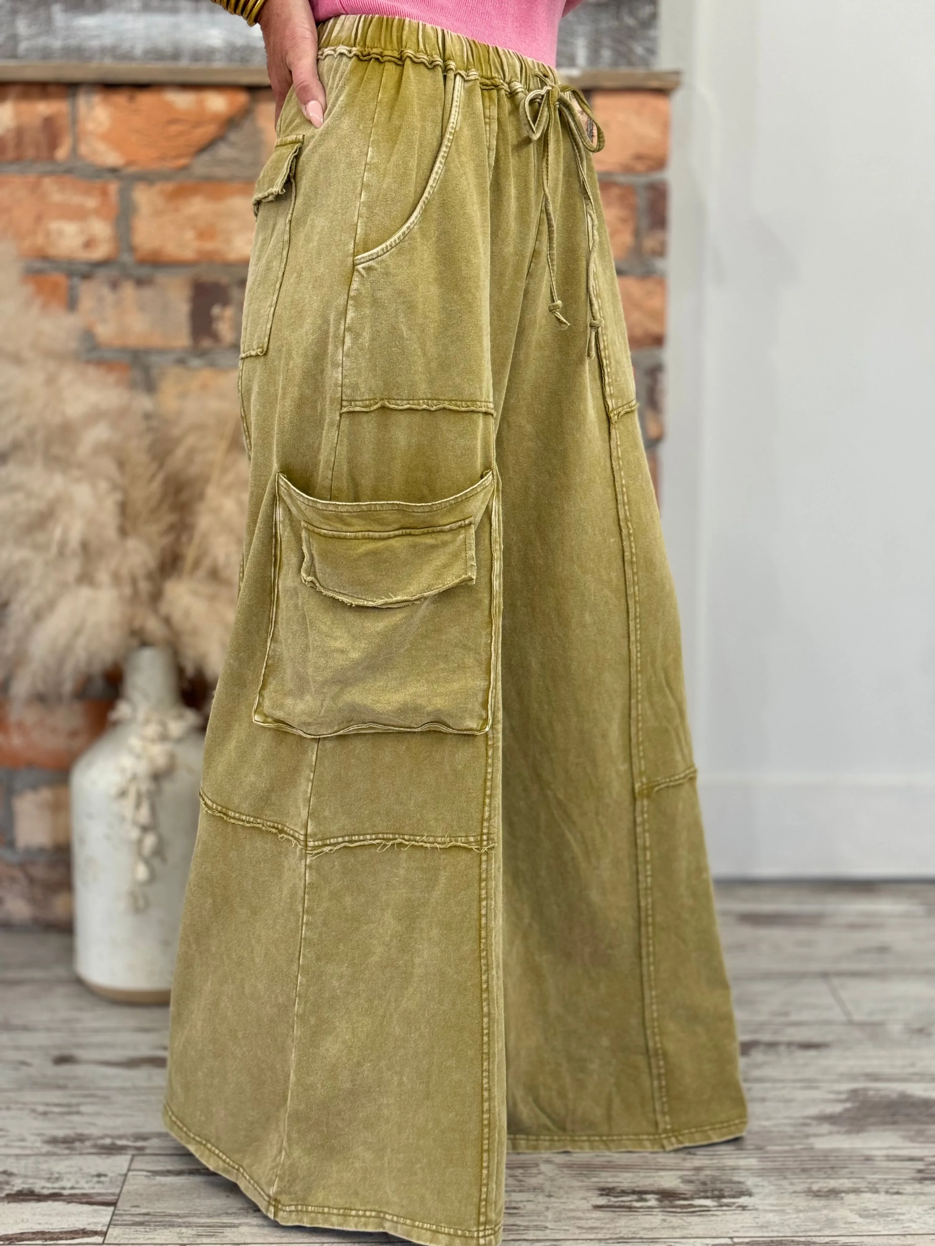 Washed Cargo Wide Leg Comfy Pants in Olive