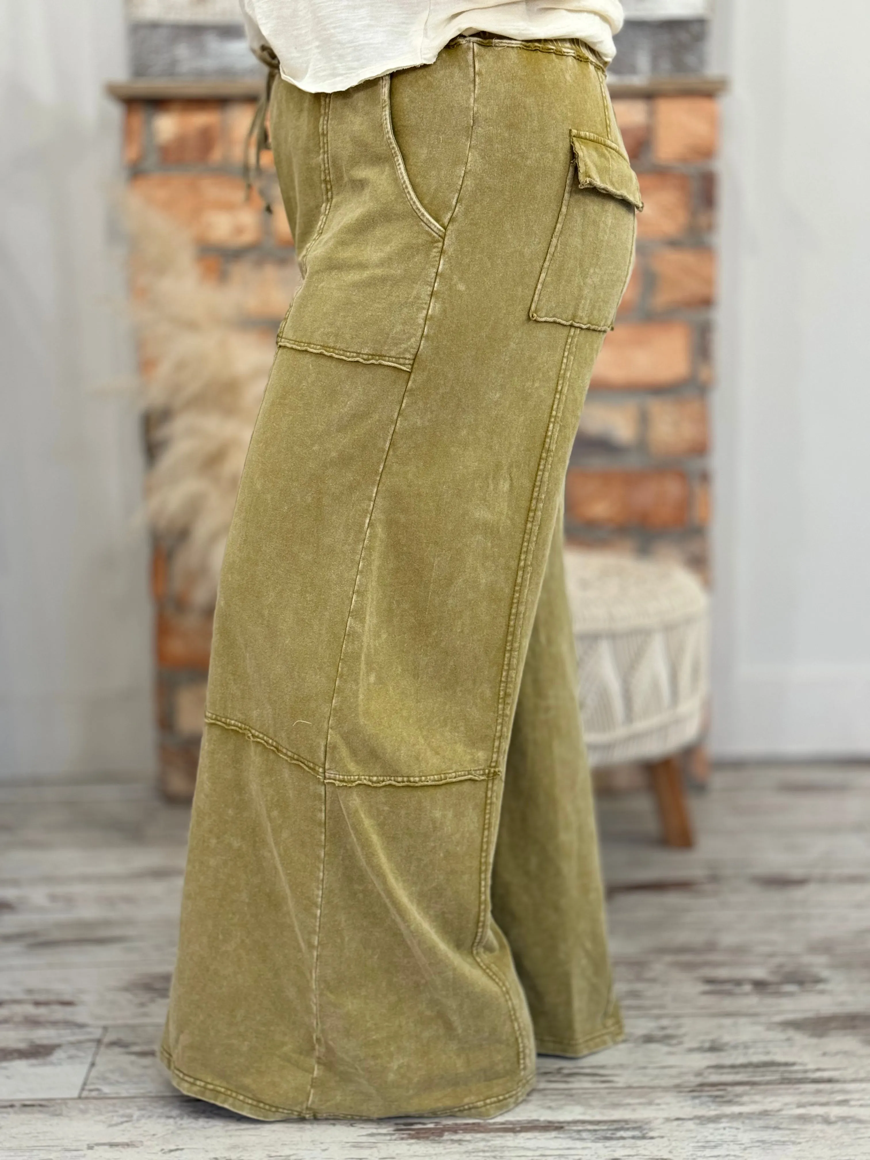 Washed Cargo Wide Leg Comfy Pants in Olive