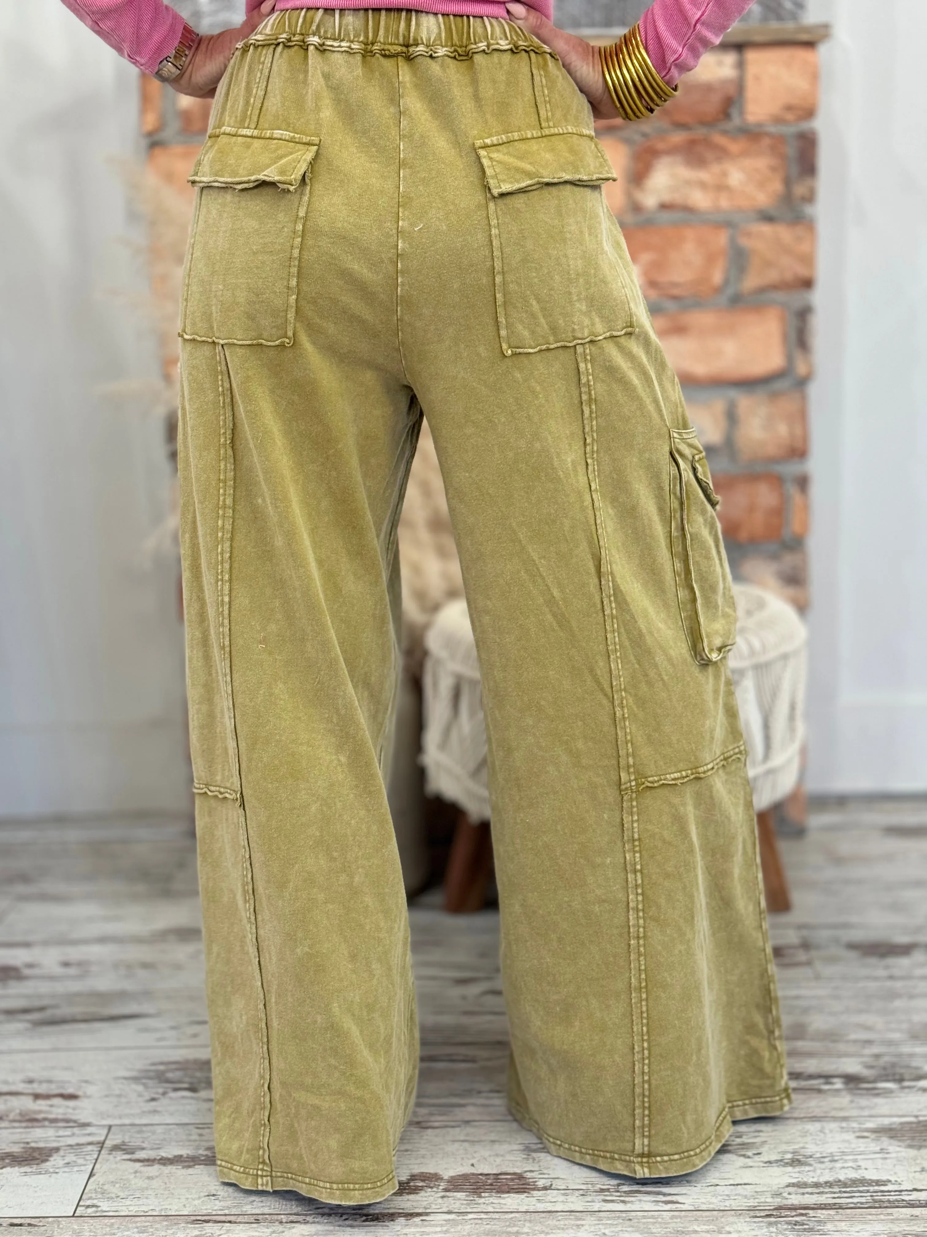 Washed Cargo Wide Leg Comfy Pants in Olive