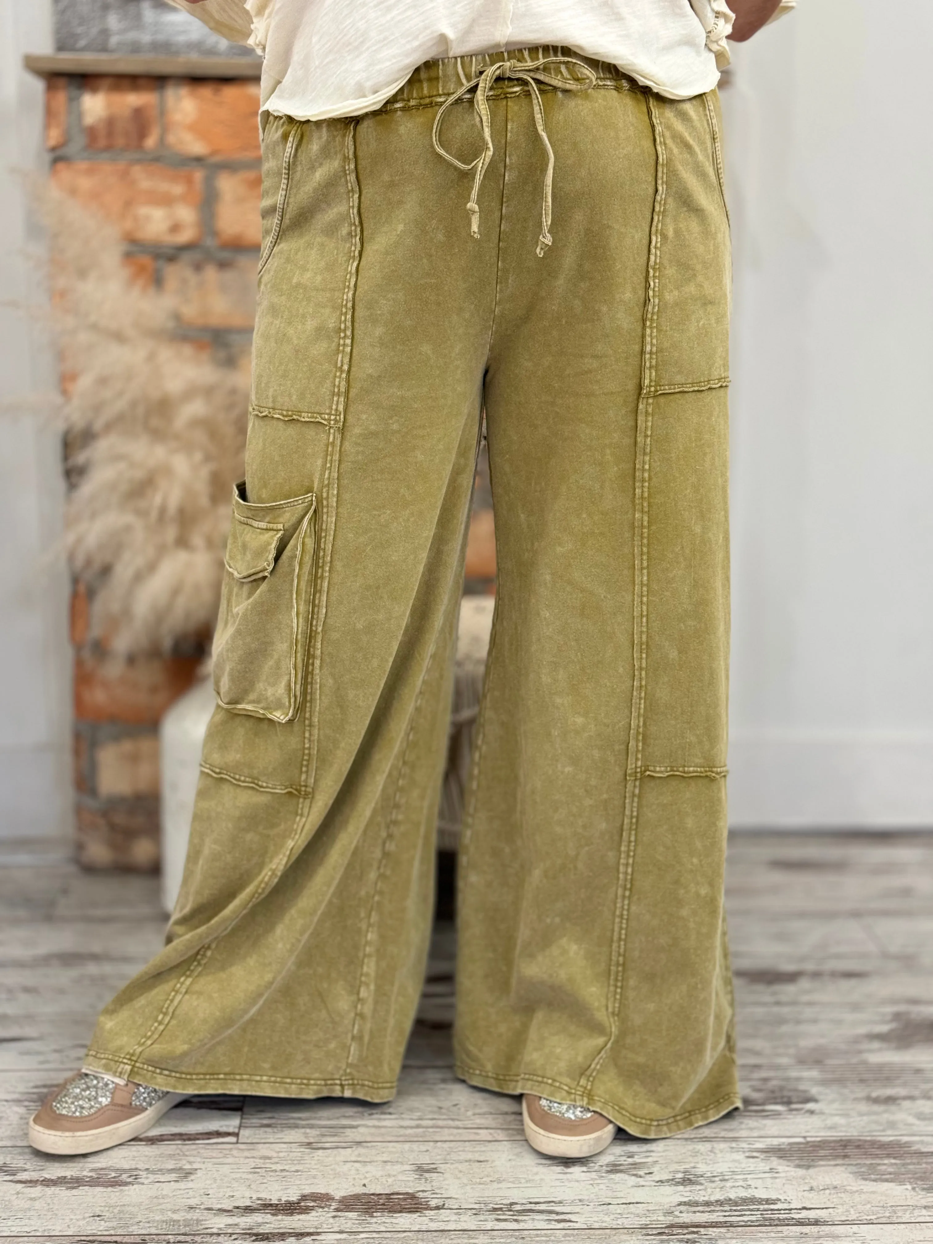 Washed Cargo Wide Leg Comfy Pants in Olive