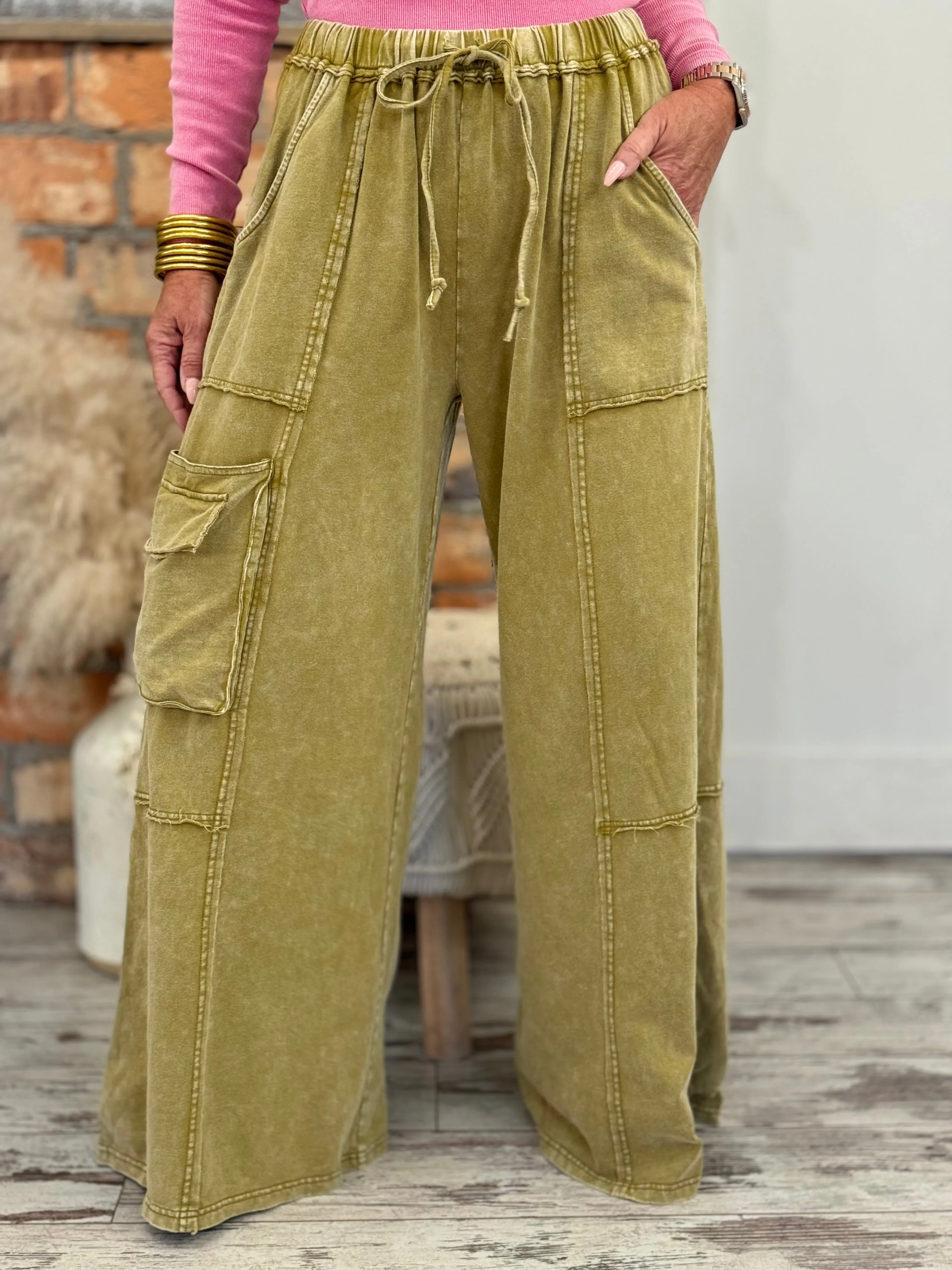 Washed Cargo Wide Leg Comfy Pants in Olive