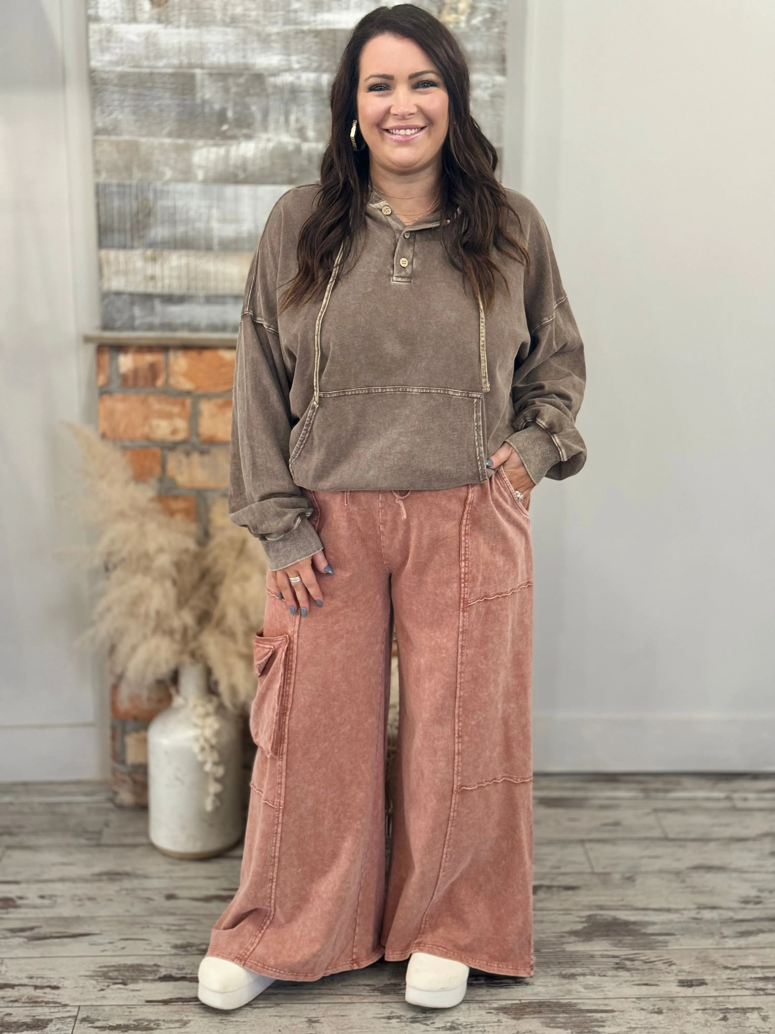 Washed Cargo Wide Leg Comfy Pants in Rust