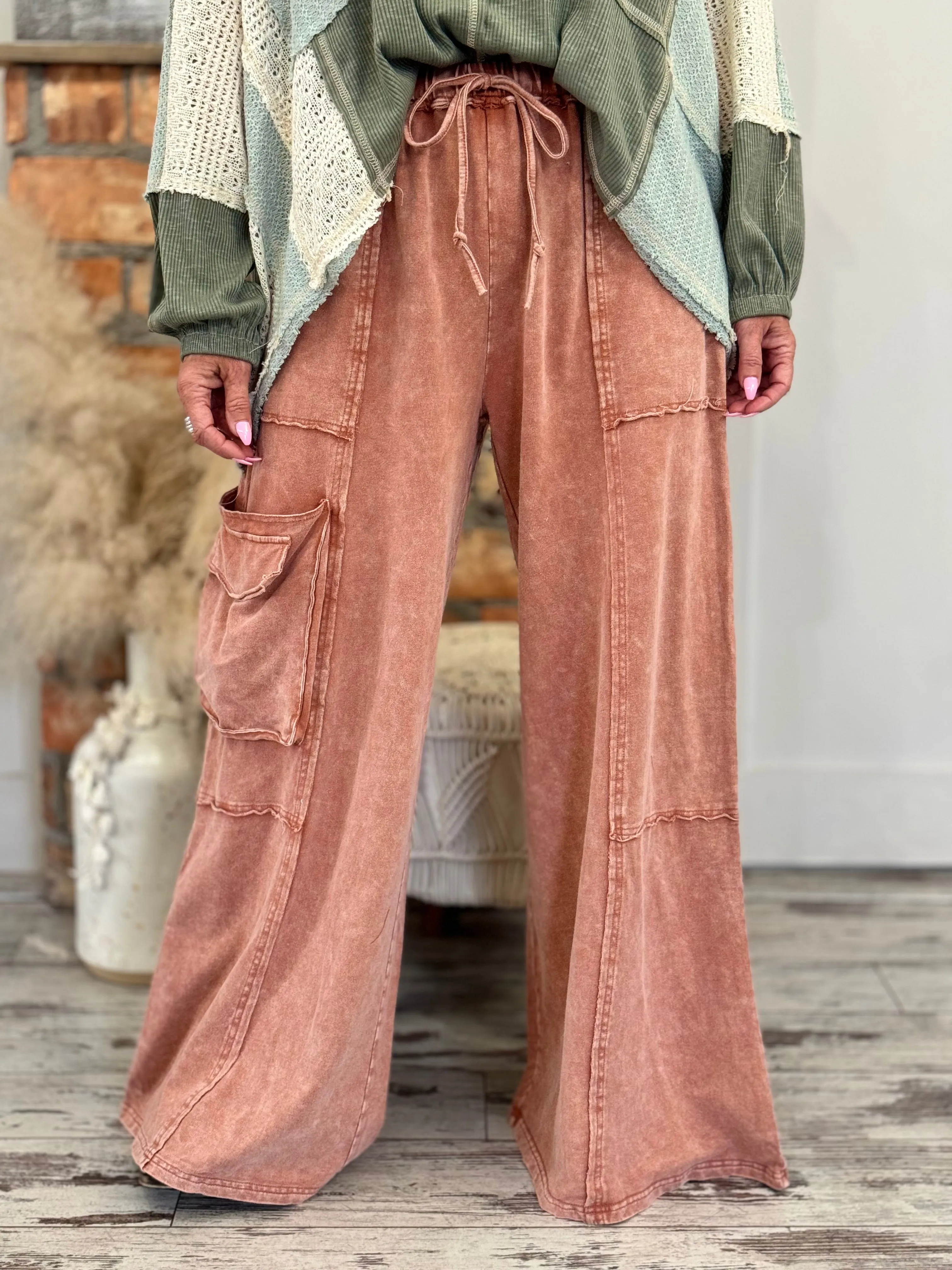 Washed Cargo Wide Leg Comfy Pants in Rust