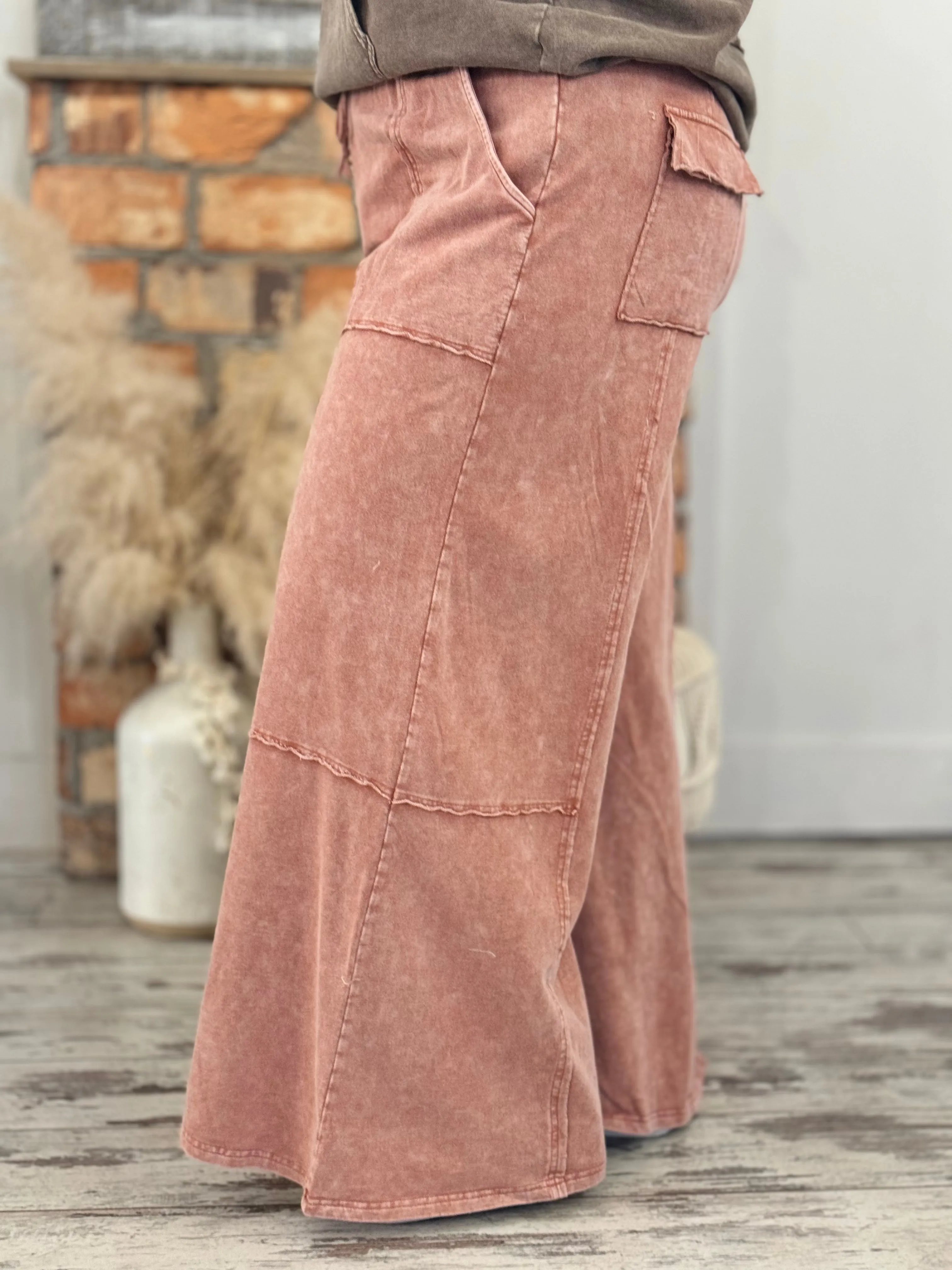 Washed Cargo Wide Leg Comfy Pants in Rust