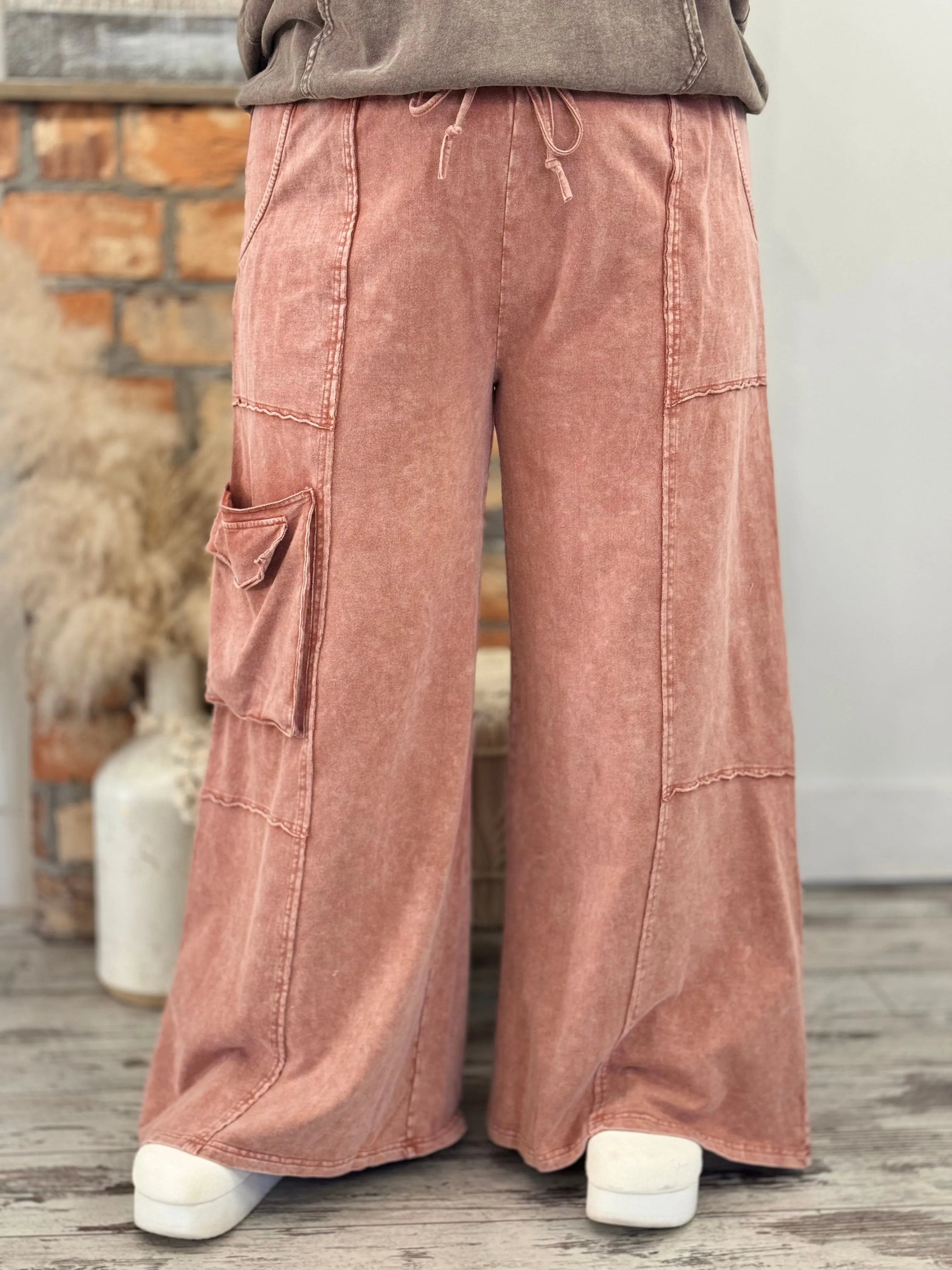 Washed Cargo Wide Leg Comfy Pants in Rust