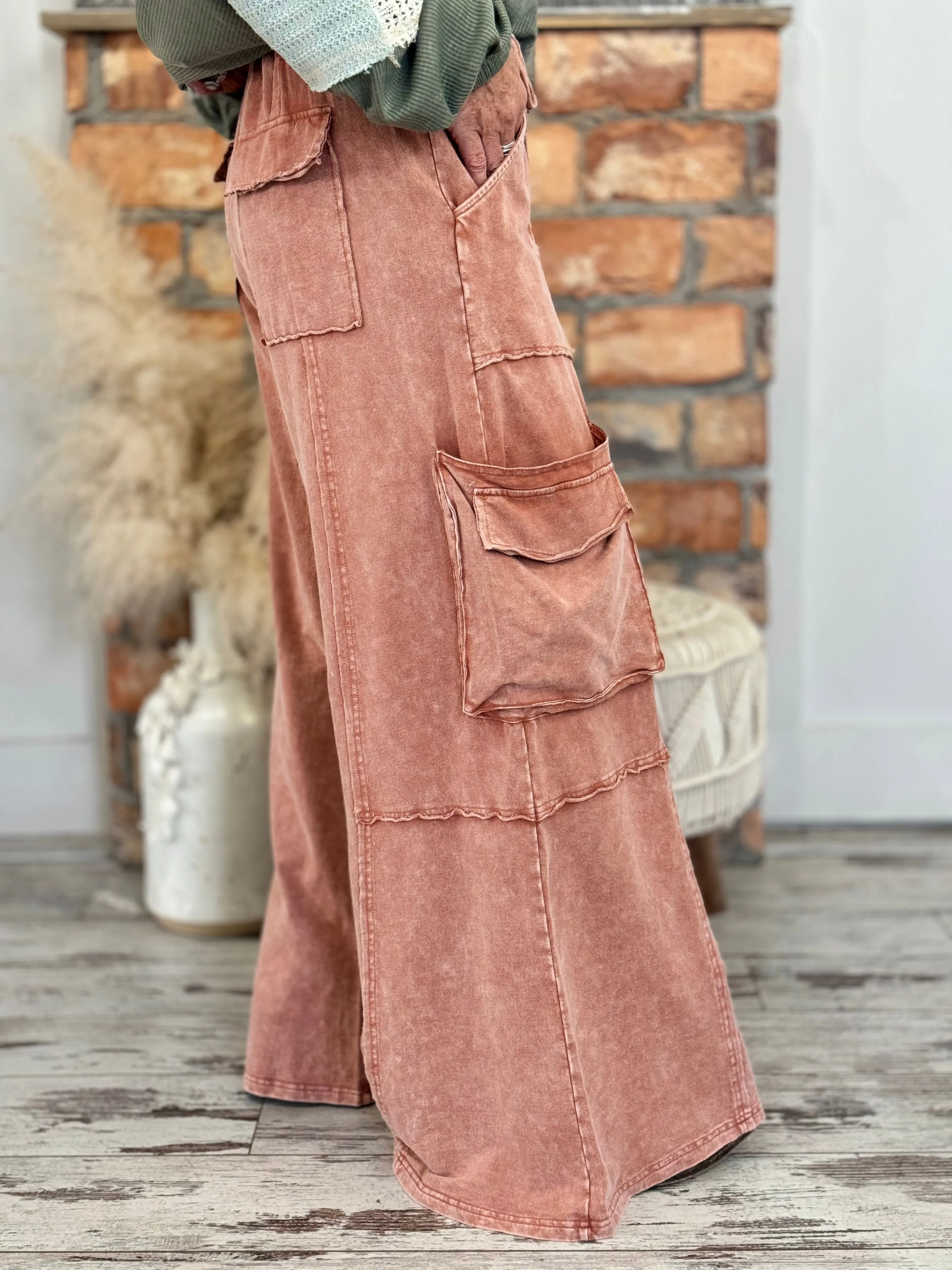 Washed Cargo Wide Leg Comfy Pants in Rust