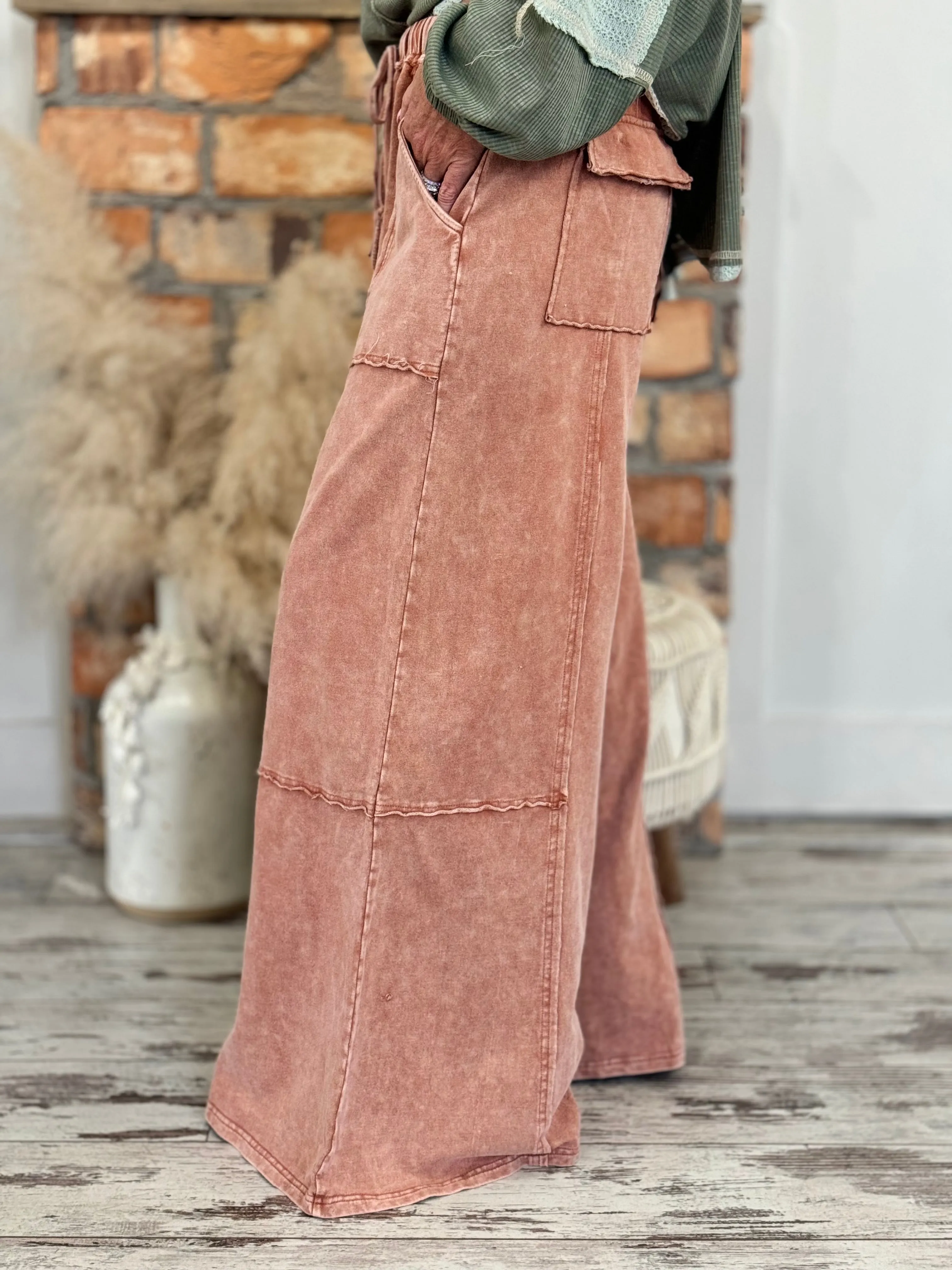 Washed Cargo Wide Leg Comfy Pants in Rust