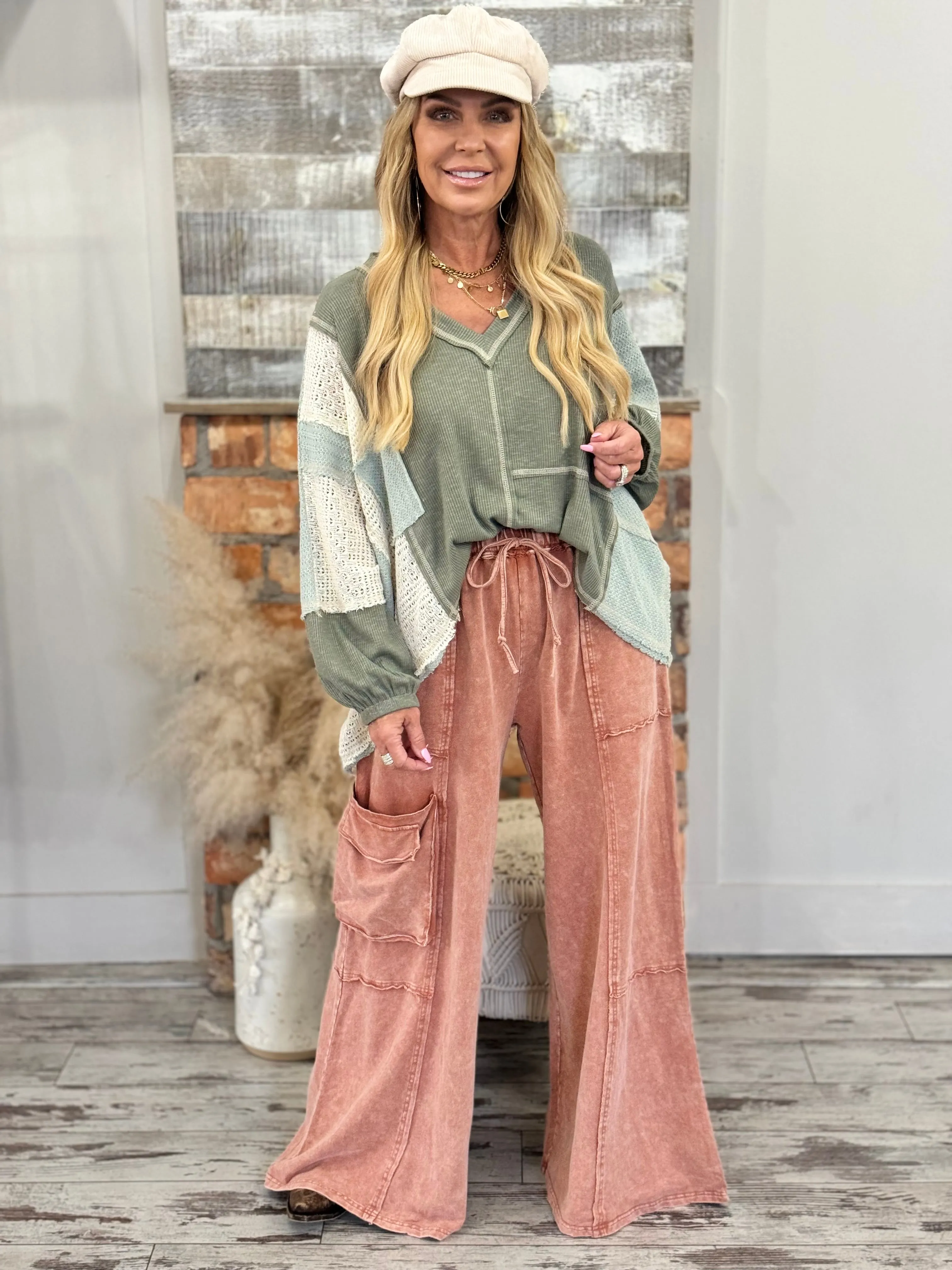 Washed Cargo Wide Leg Comfy Pants in Rust