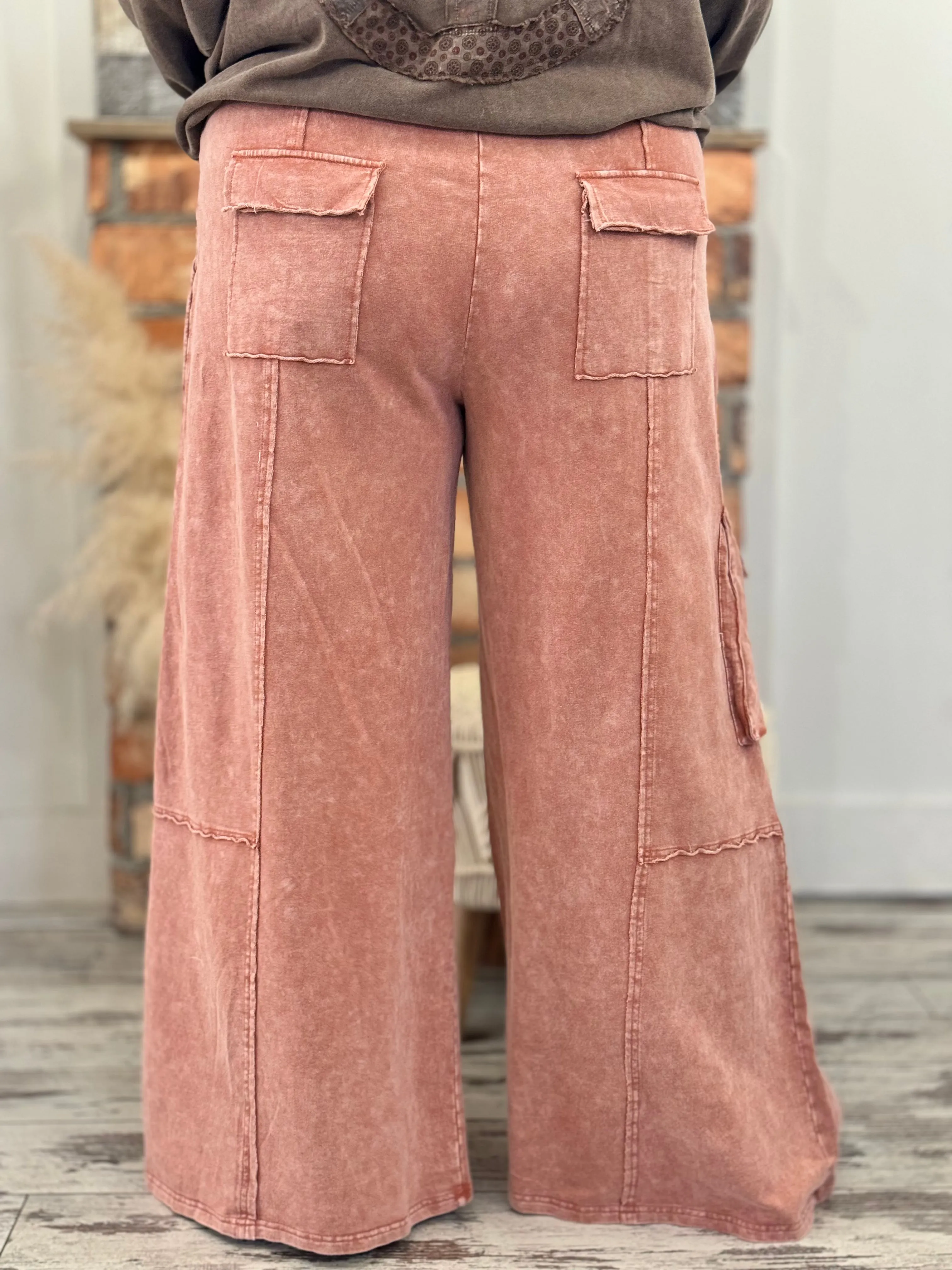 Washed Cargo Wide Leg Comfy Pants in Rust