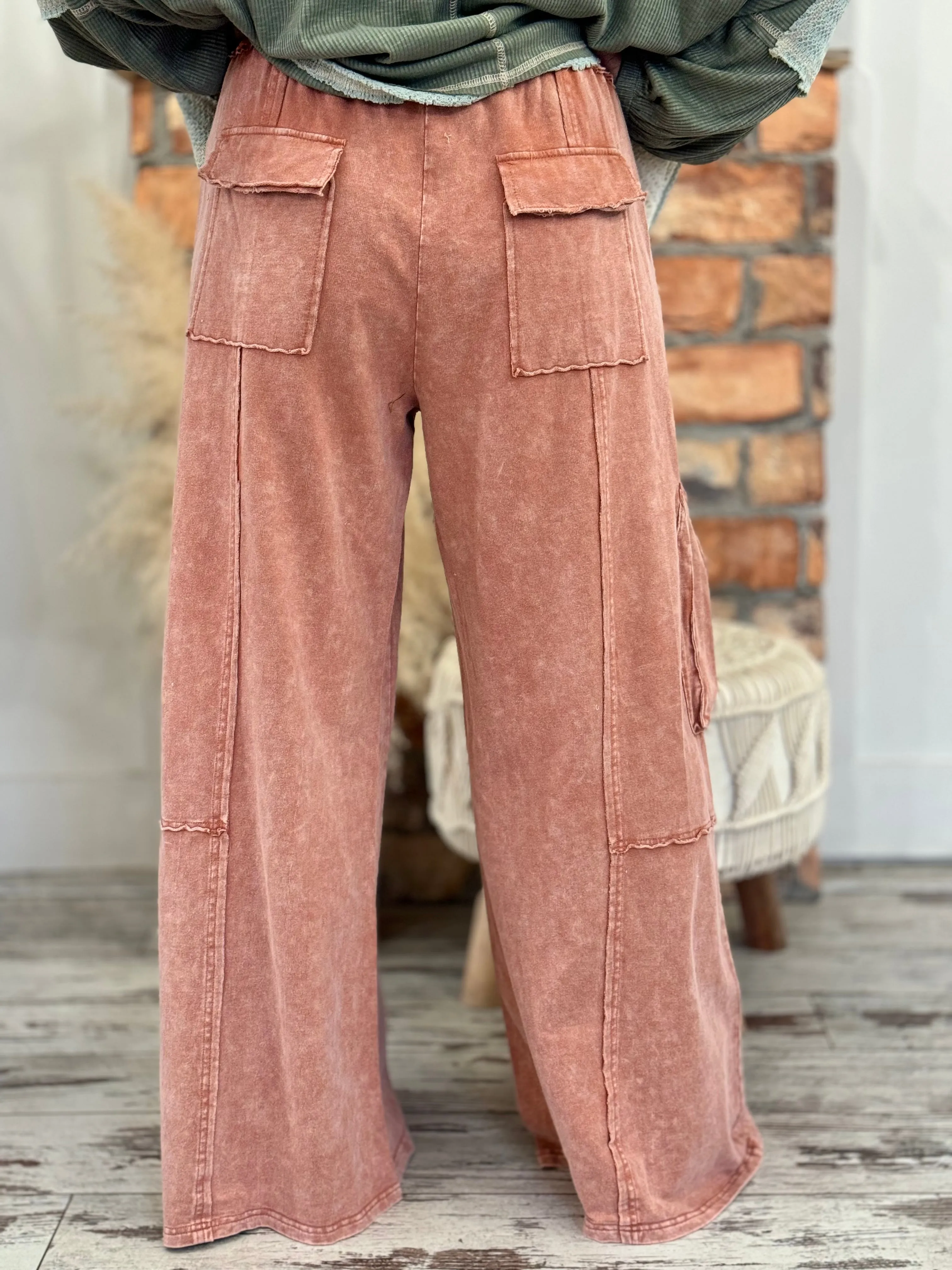 Washed Cargo Wide Leg Comfy Pants in Rust