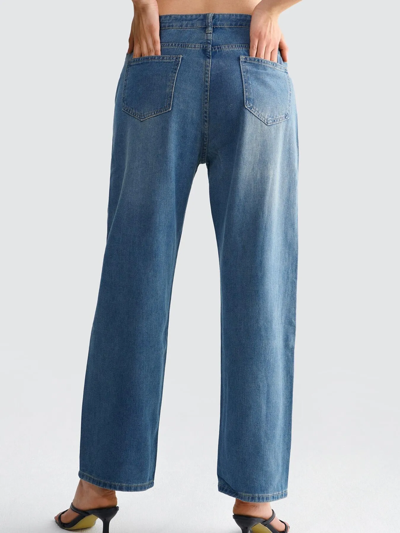 Washed Zipper Wide Leg Jeans