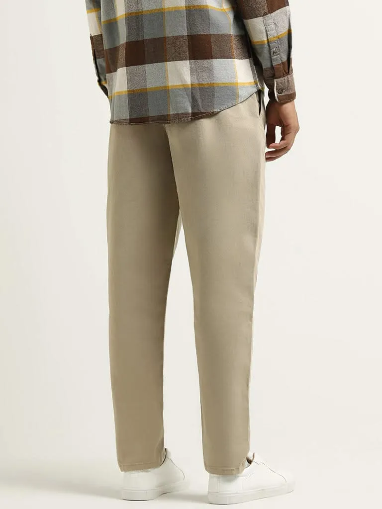 WES Casuals Beige Mid Rise Cotton Blend Relaxed Fit Trousers