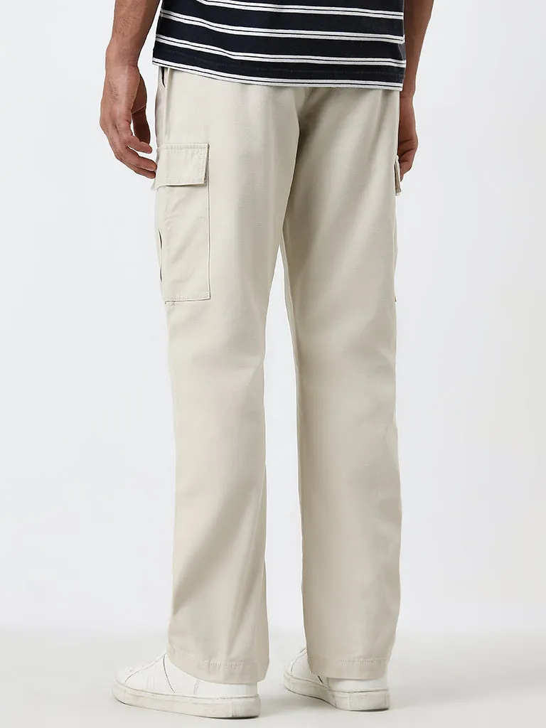 WES Casuals Beige Relaxed-Fit Mid-Rise Cotton Blend Chinos