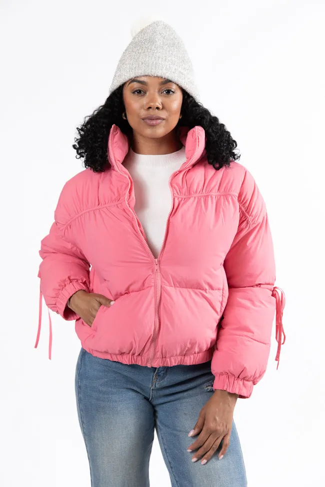 Where You'll Find Me Pink Bow Sleeve Puffer Jacket