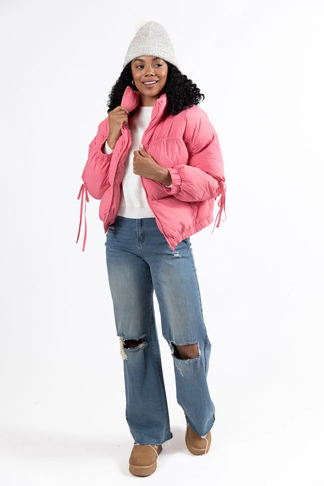 Where You'll Find Me Pink Bow Sleeve Puffer Jacket