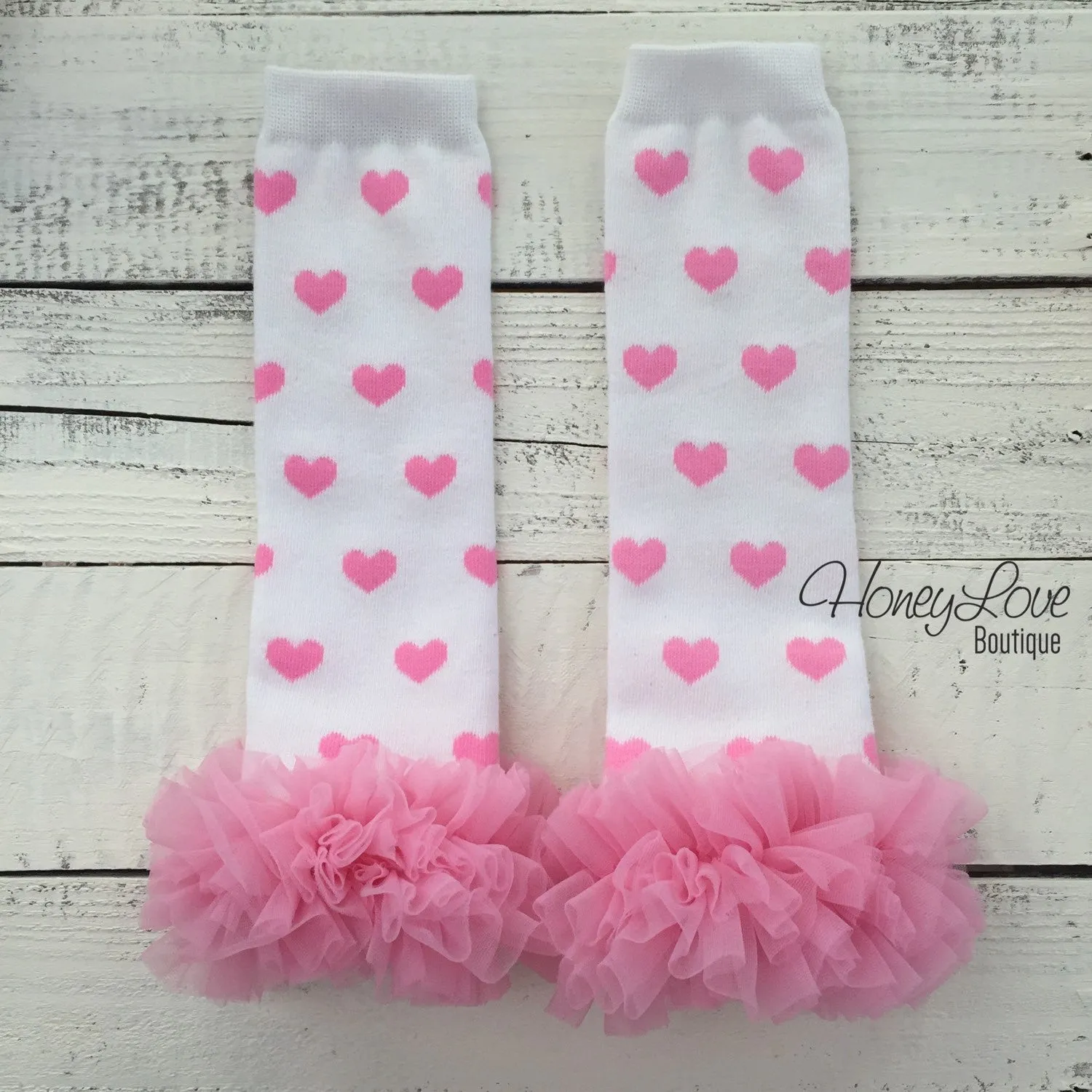 White/Pink Heart leg warmers, pink flower headband, ruffle bottom bloomers