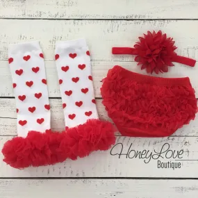 White/Red Heart leg warmers, red flower headband, and ruffle bottom bloomers