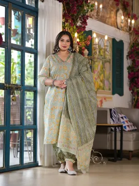 Women Plus Size Sea Green Pure Cotton Kurta Set With Dupatta