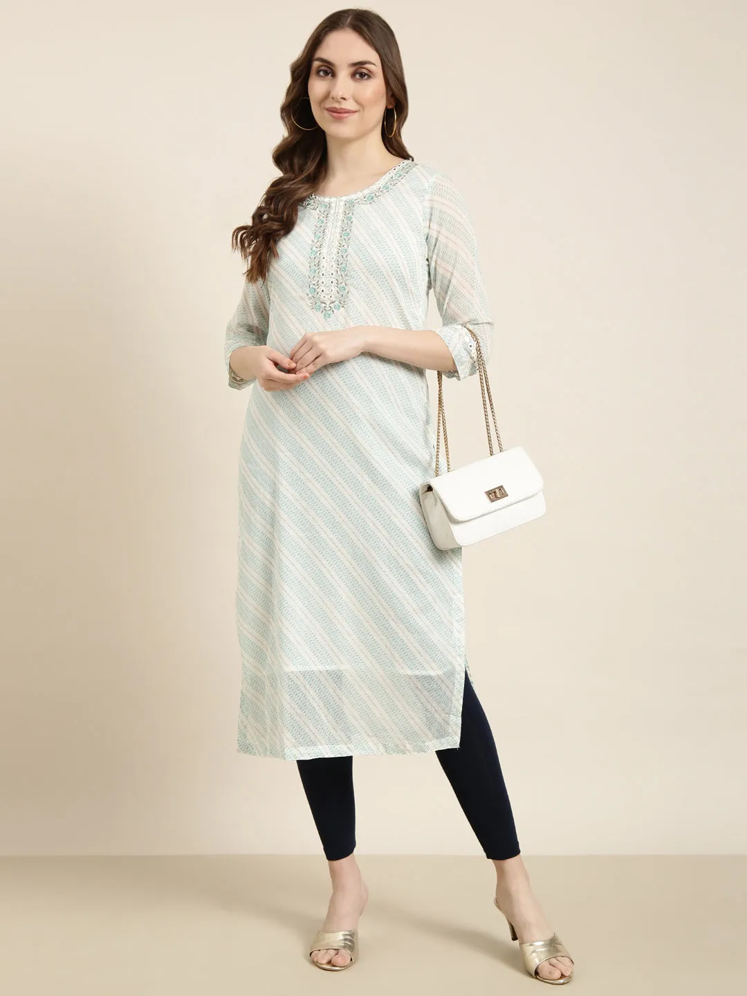 Women Straight Turquoise Blue Geometric Kurta