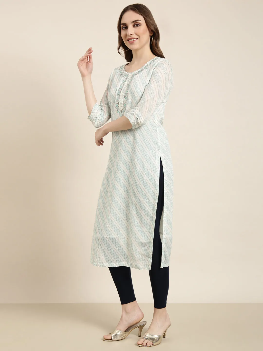 Women Straight Turquoise Blue Geometric Kurta