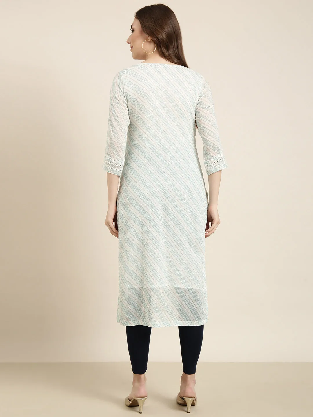 Women Straight Turquoise Blue Geometric Kurta