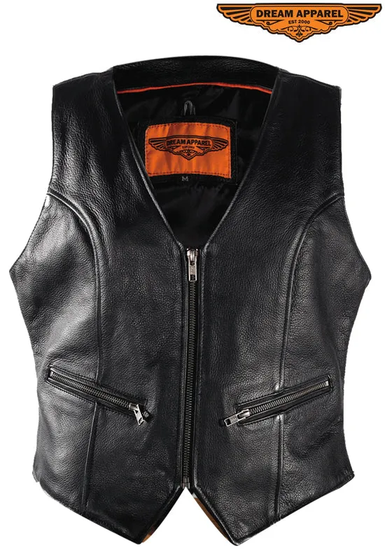 Womens Black Biker Leather Vest With Concealed  Pockets