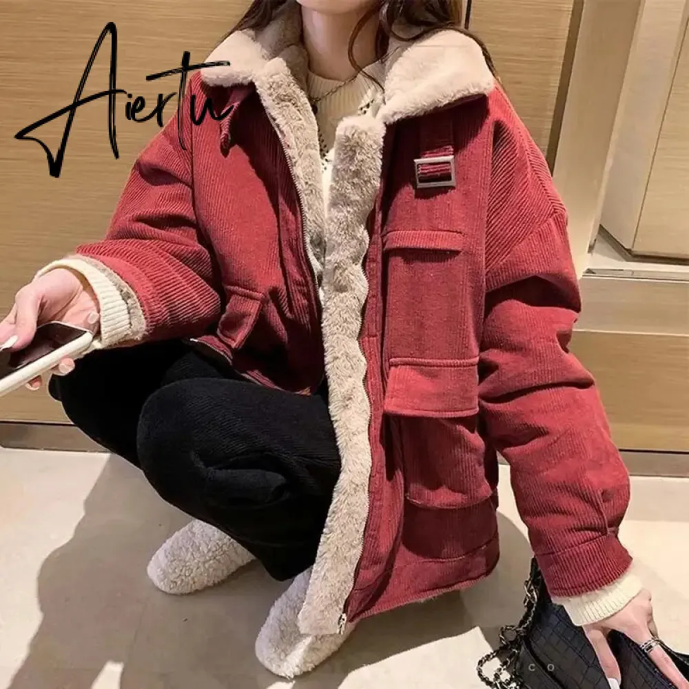 Women's Fleece Lining Zipper Lambswool Cotton Coat Autumn Winter Jacket Women Corduroy Parkas Loose Thicken Warm Short Coat