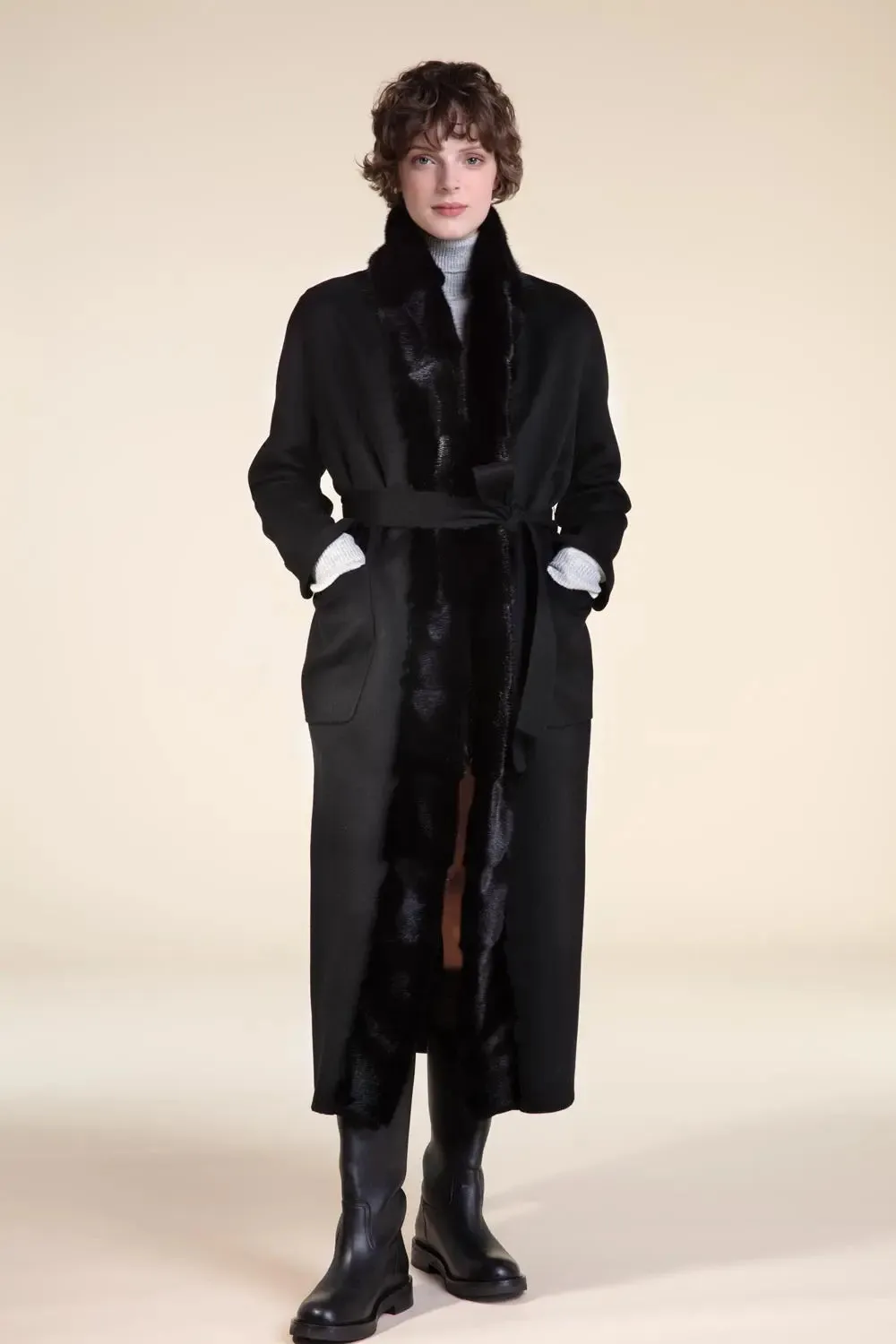 Womens long coat with black fur trimming