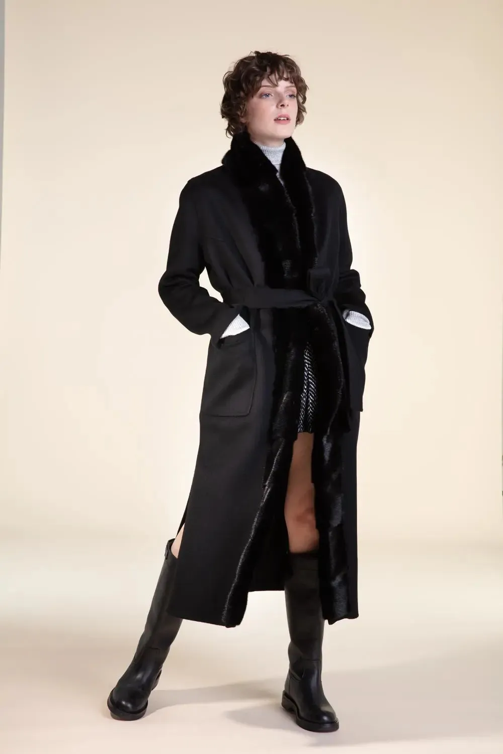 Womens long coat with black fur trimming