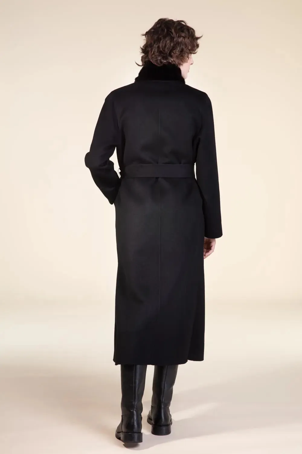 Womens long coat with black fur trimming