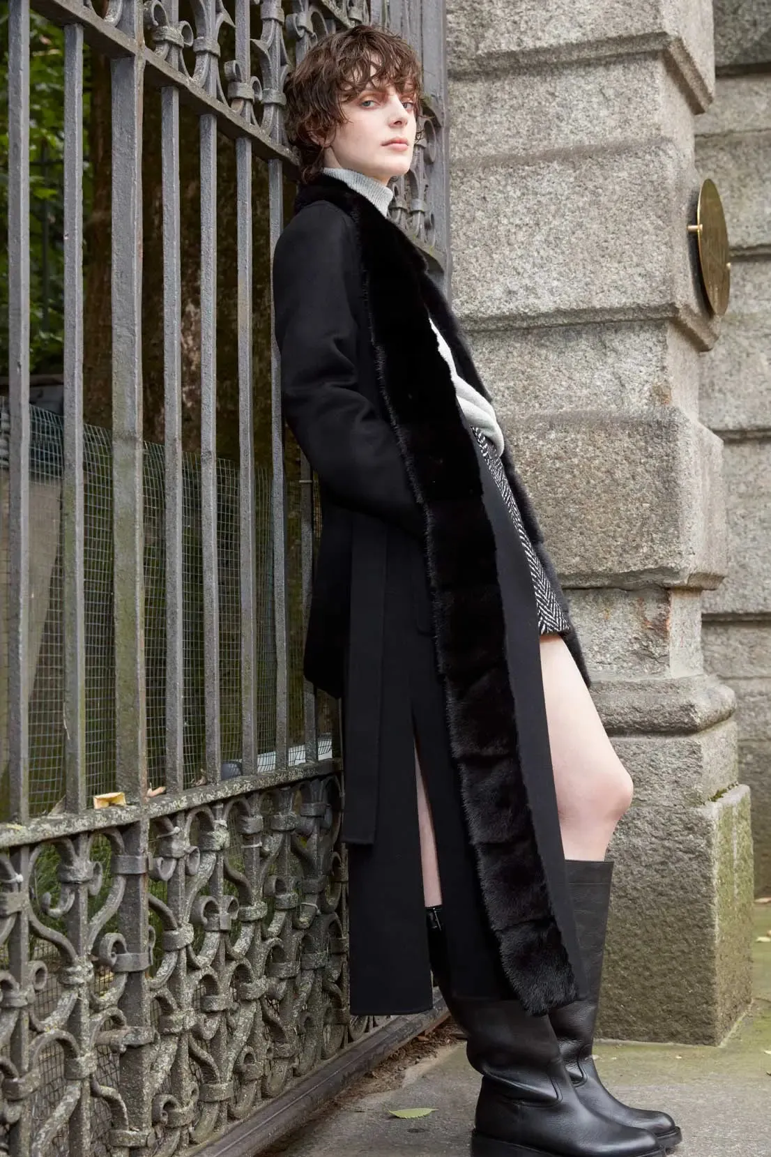 Womens long coat with black fur trimming