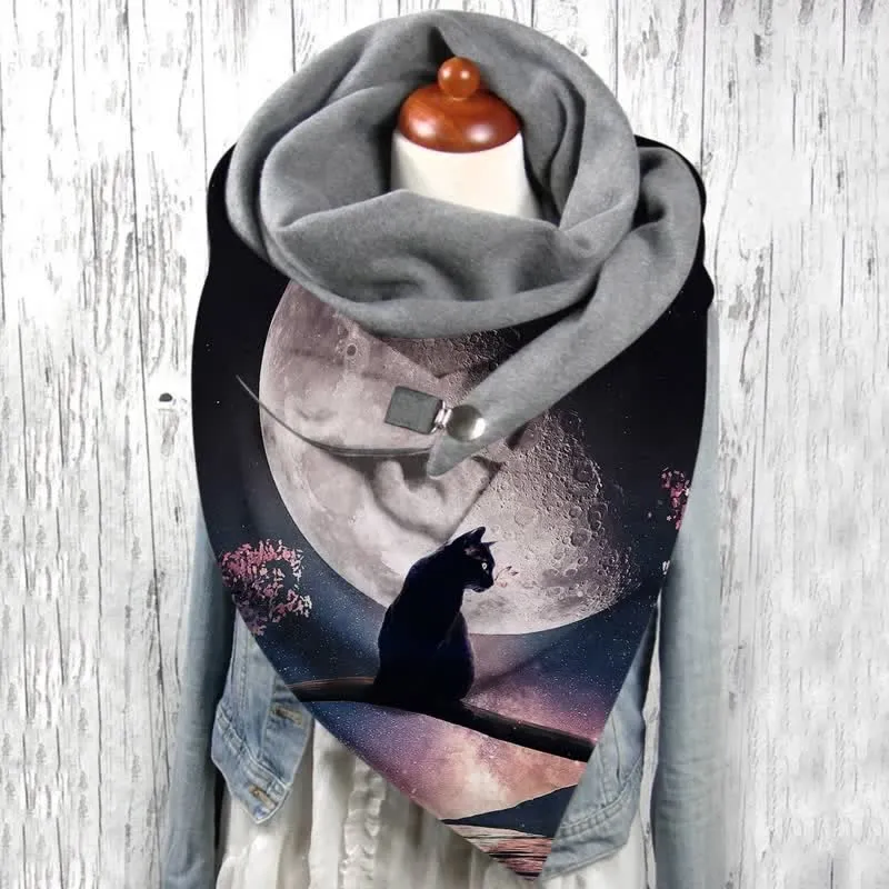 Women's Moon Night Cat Print Triangle Scarf