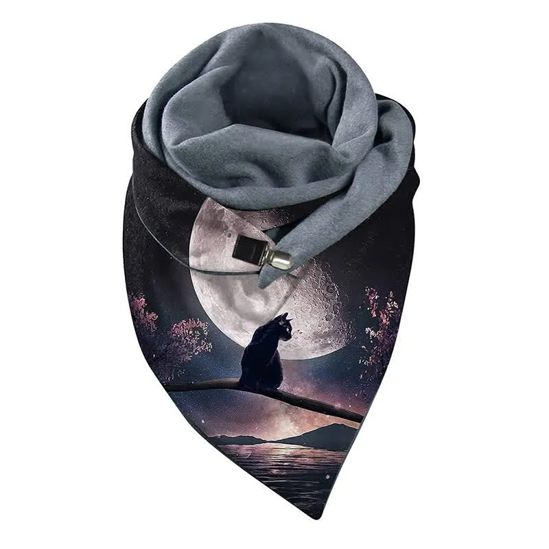 Women's Moon Night Cat Print Triangle Scarf