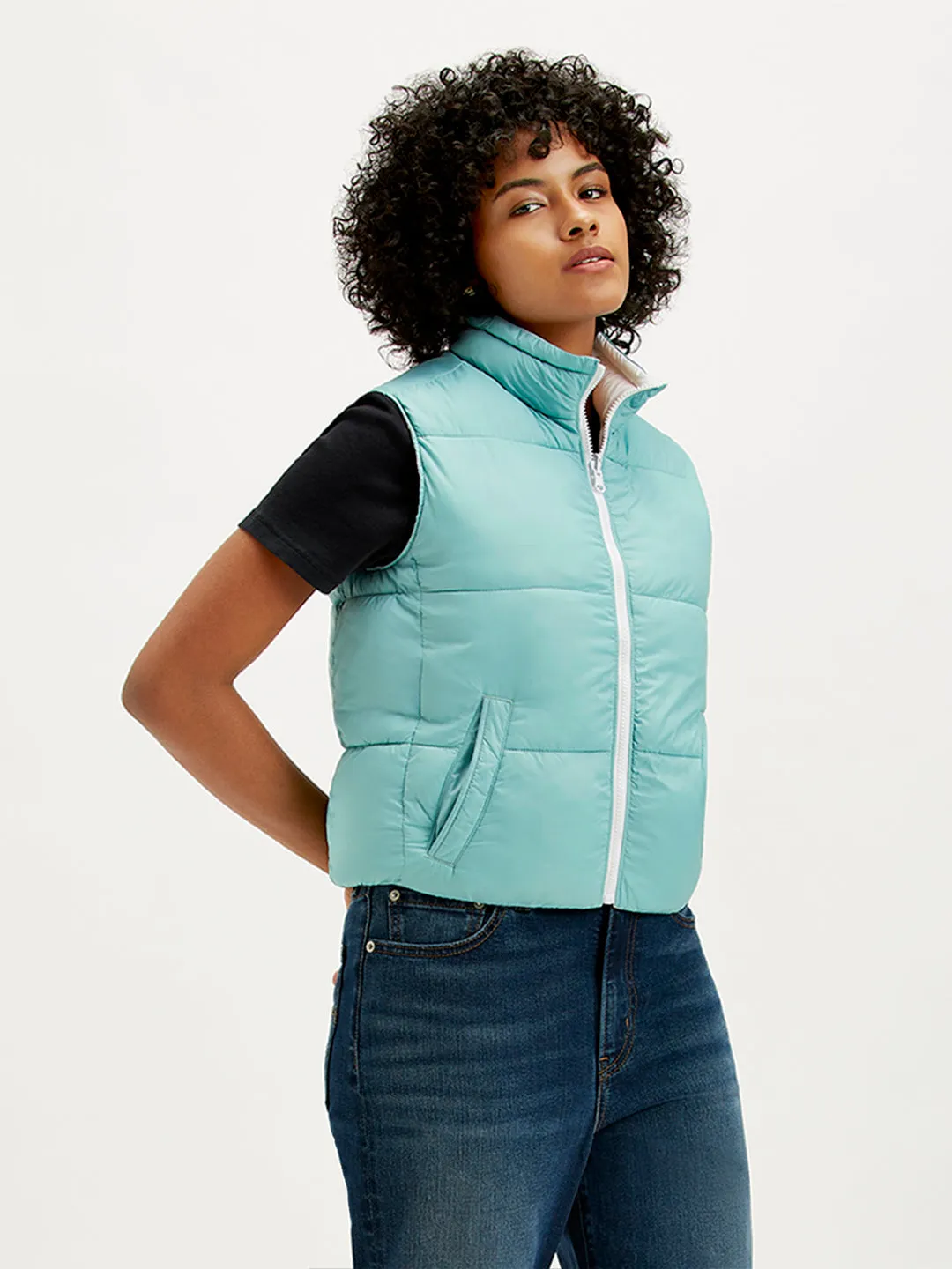 Women's Quilted Light-Blue High Neck Puffer Jacket