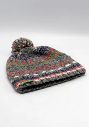 Woolen  Grey Multicolored Sherpa Pom Pom Beanie