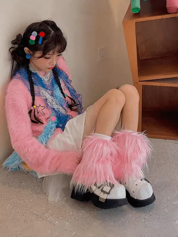 Y2k pink furry leg warmers